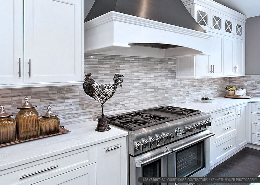White Modern Kitchen with Marble Subway Tile - Backsplash.com | Kitchen