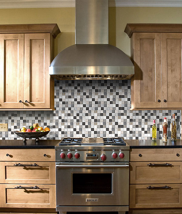 Brown Beige Gray Glass Slate Backsplash Tile For Wood Kitchen Ideas