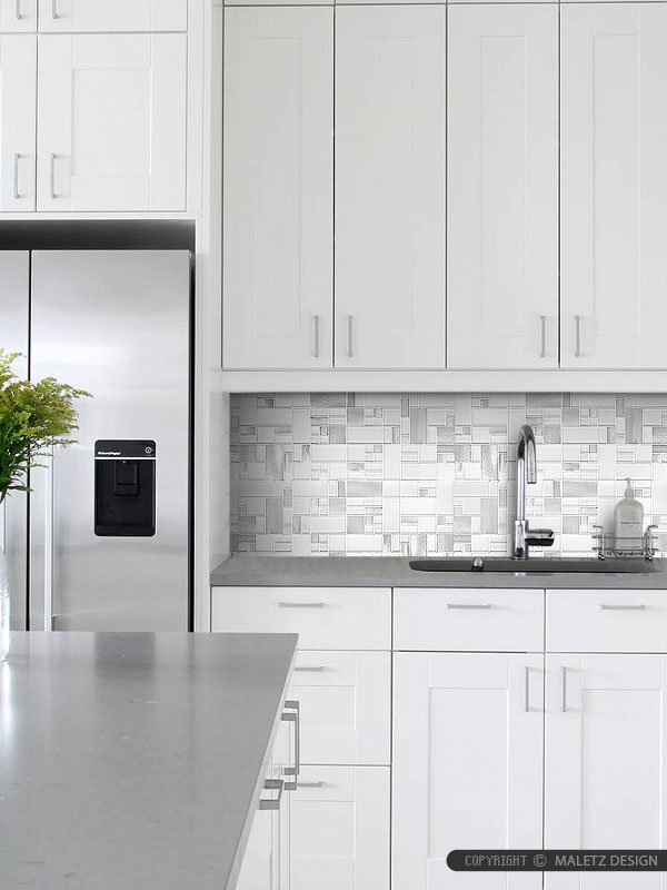Modern White Cabinet Gray Countertop Metal Glass Backsplash Tile