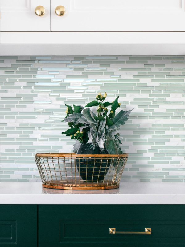 green cabinet white quartz countertop green marble glass tile BA1205
