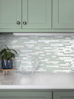 white quartz countertop green cabinet and glass white backsplash tile BA1205