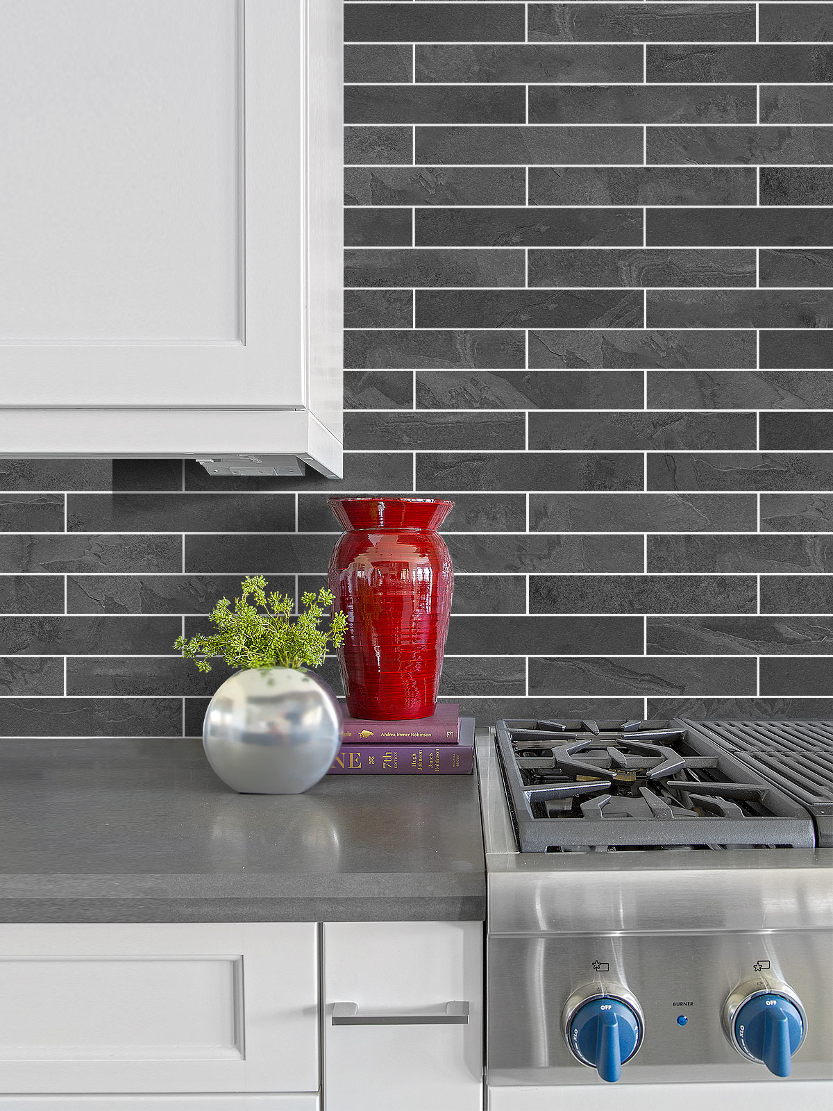 White cabinet gray countertop slate backsplash tile BA1045