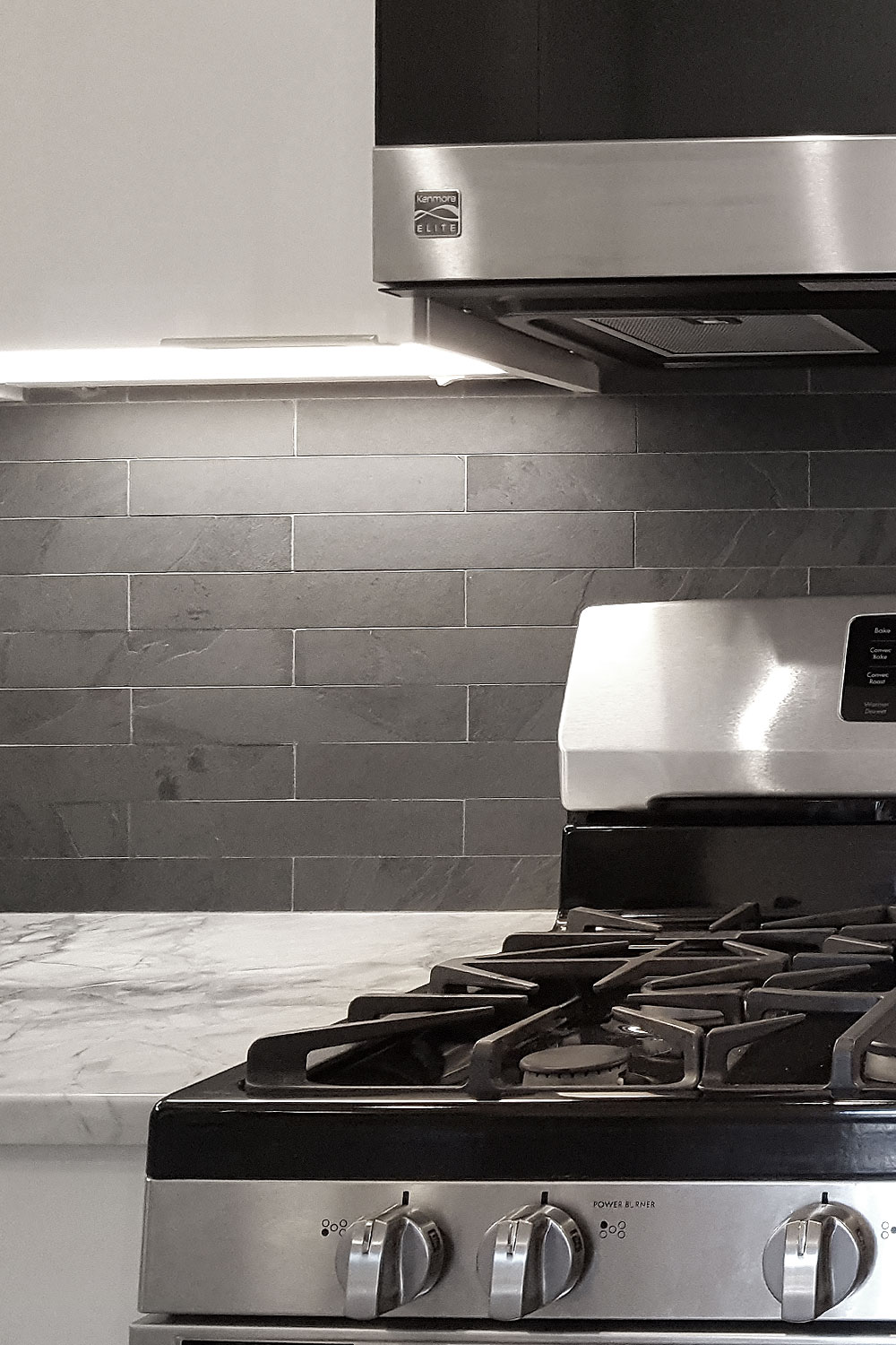 gray granite cabinet with subway slate black backsplash tile BA1045