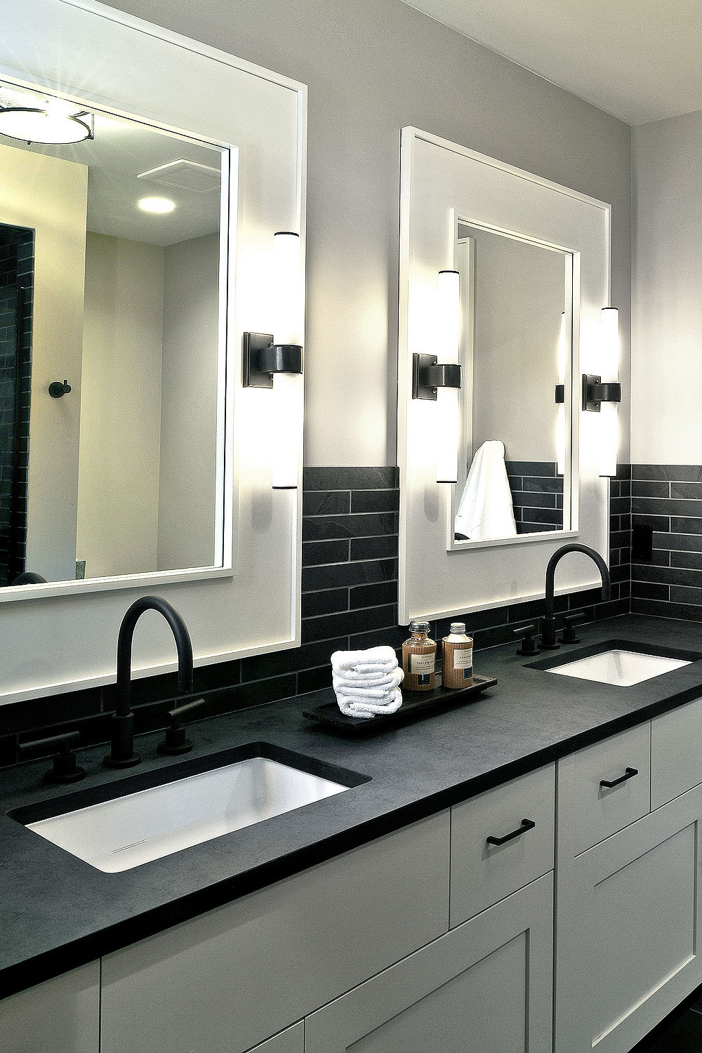 lack bathroom vanity white cabinet with black slate subway tile BA1045