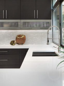 modern kitchen with white marble glass backsplash tile