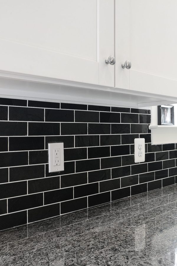 white cabinet gray granite countertop slate backsplash tile BA1070