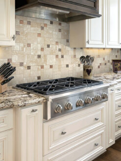 Beige Granite Countertop With Travertine Backsplash Tile BA1043