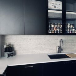 Black cabinet white quartz countertop gray modern backsplash BA1038