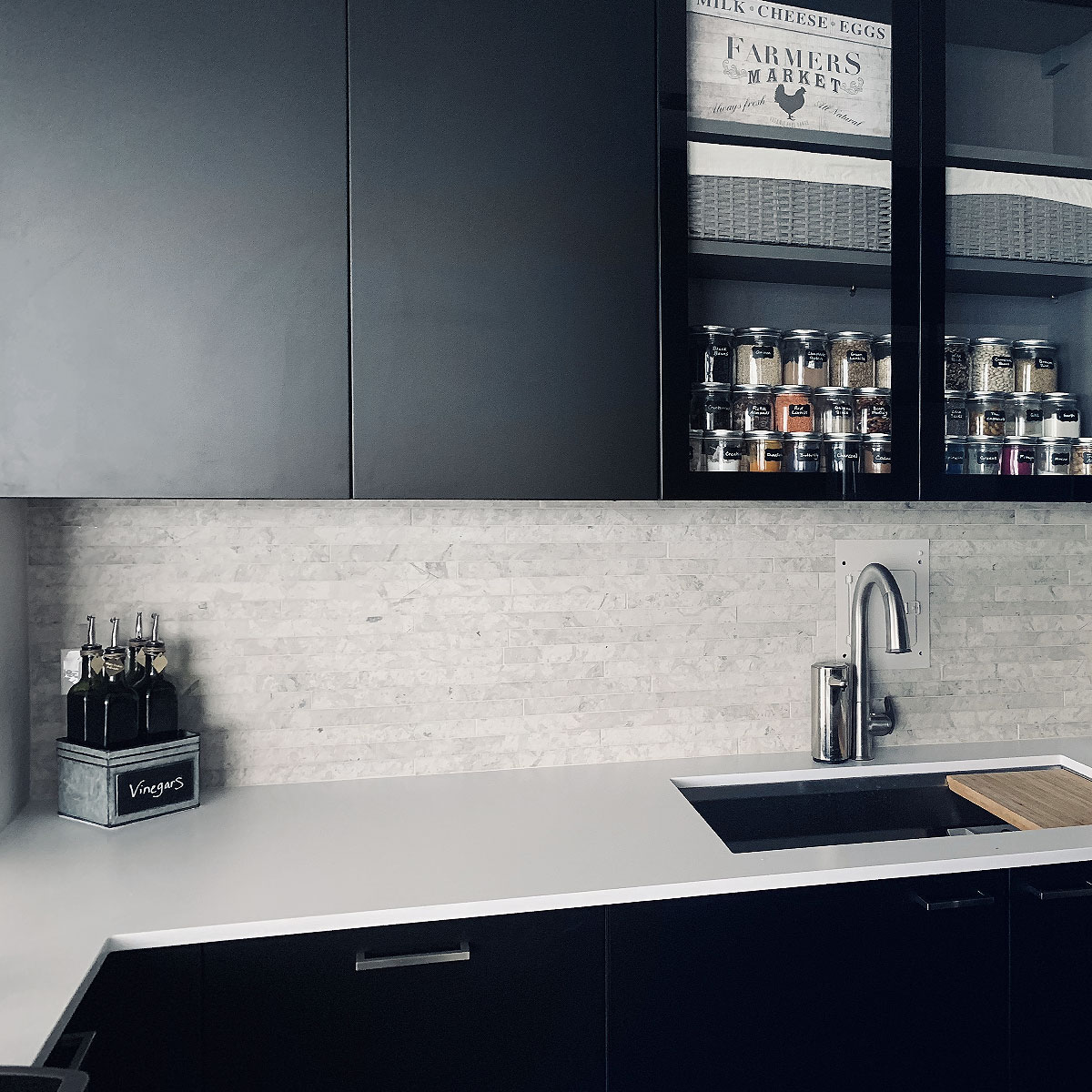 Black cabinet white quartz countertop gray modern backsplash BA1038
