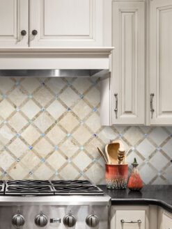 Black granite countertop beige cabinets travertine backsplash tile BA1029