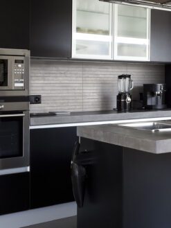Black kitchen cabinets gray countertop backplash tile BA1038