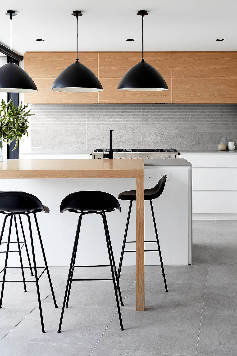 Brown Cabinet Gray Floor And Backsplash Modern Kitchen