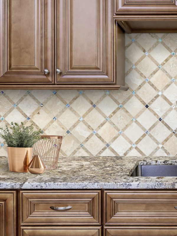 Brown kitchen cabinets granite countertop beige kitchen backsplash tile BA1029