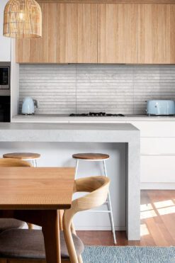 Contemporary Brown Kitchen With Gray Limestone Kitchen Backsplash