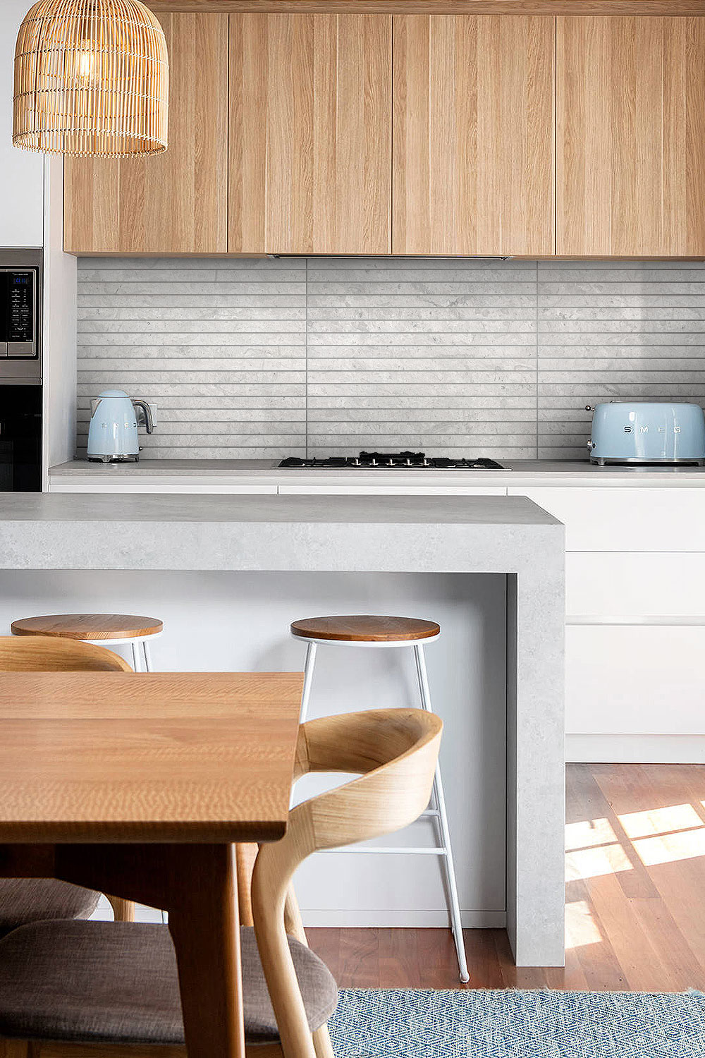 Contemporary Brown Kitchen With Gray Limestone Kitchen Backsplash