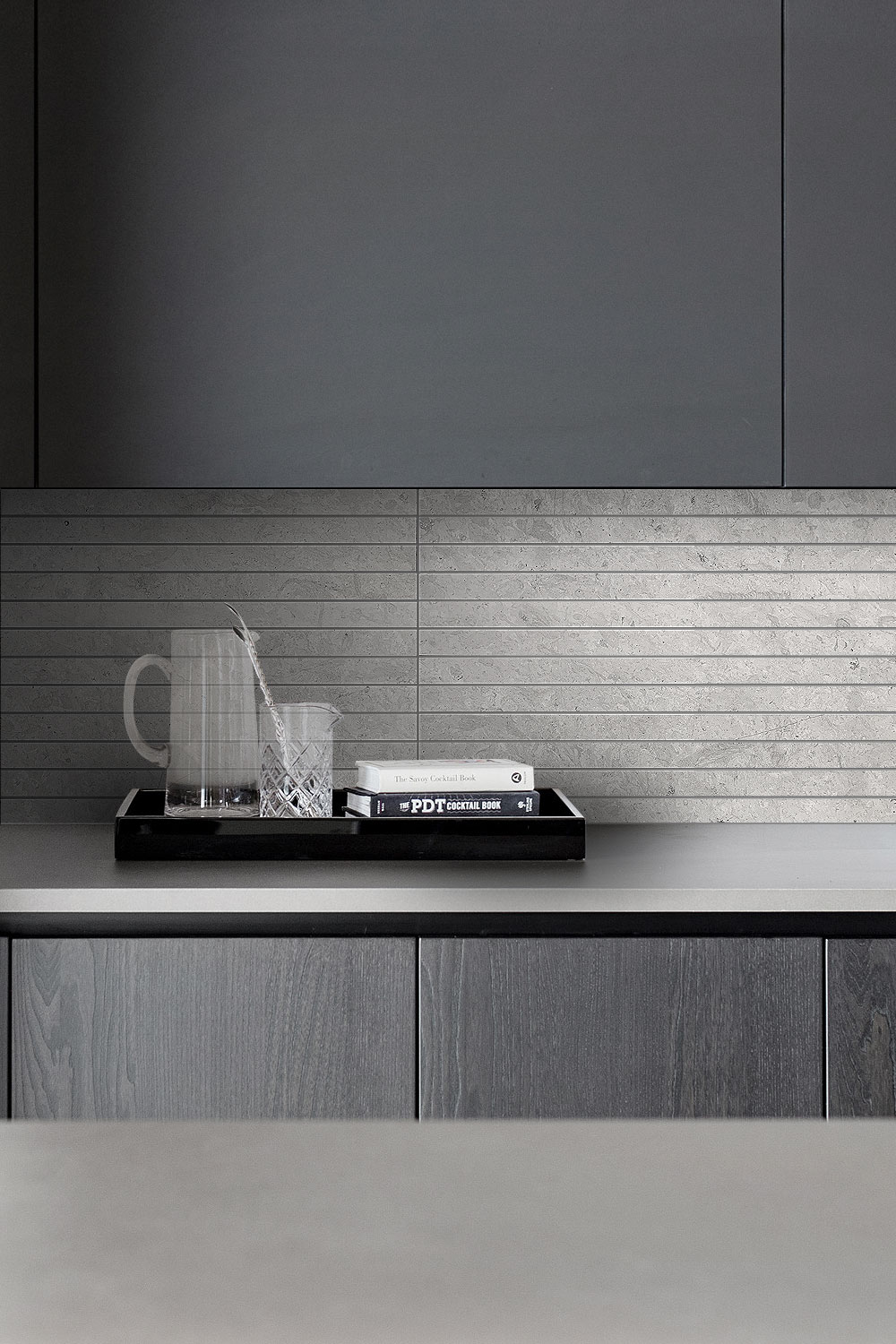Contemporary Kitchen Dark Gray Cabinet Quartz Countertop And Backsplash