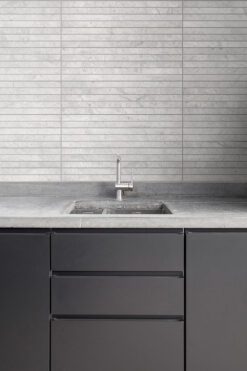 Contemporary Kitchen Gray Cabinet Countertop And Backsplash Tile
