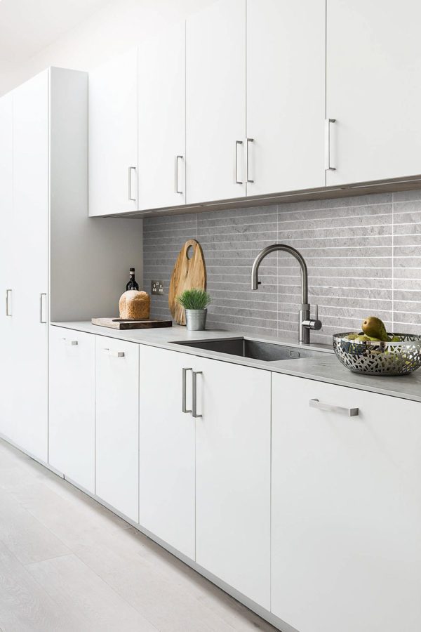 Contemporary Kitchen White Cabinets Gray Backsplash Tile