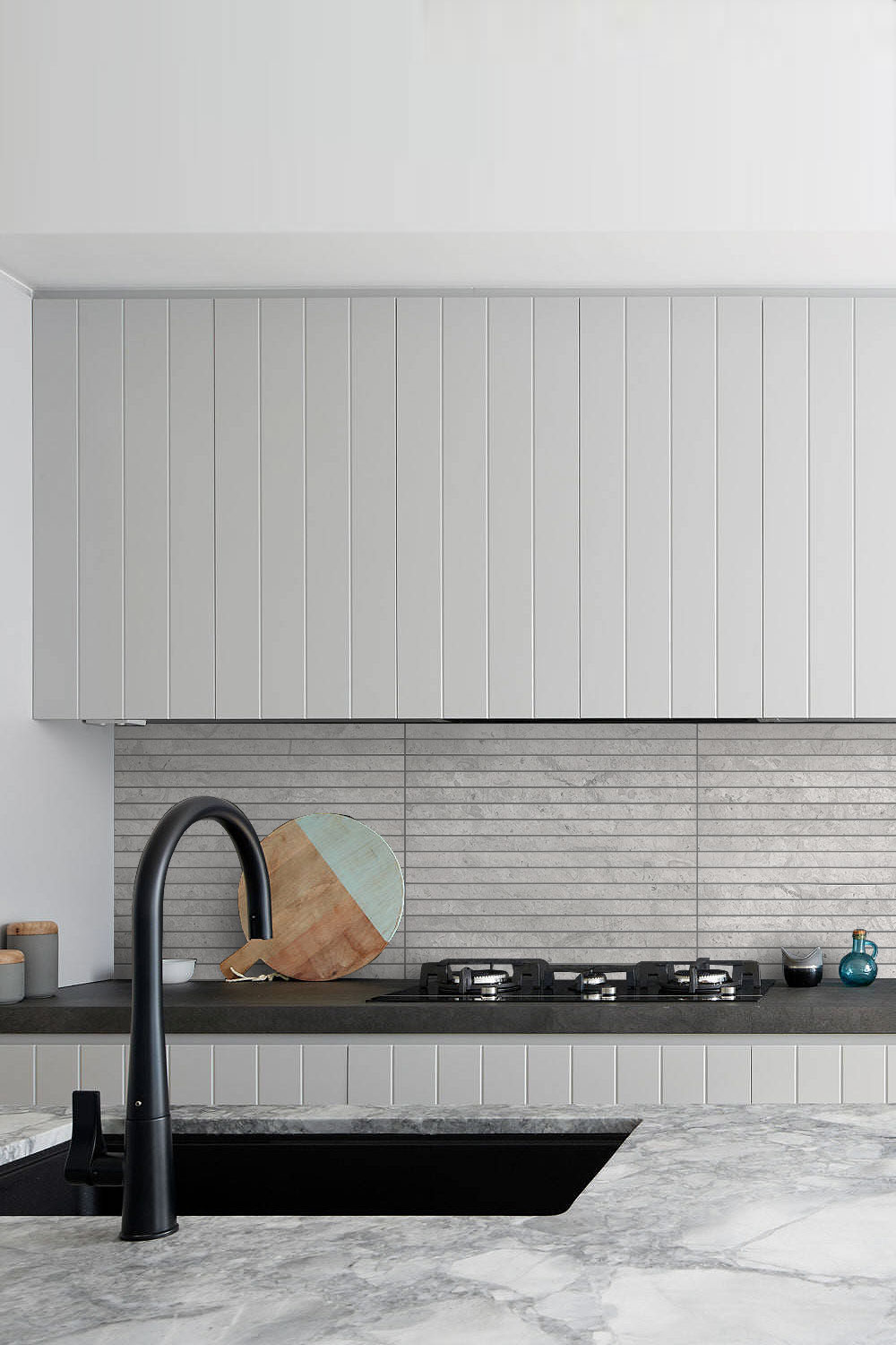 Contemporary Kitchen With Gray Backsplash Tile