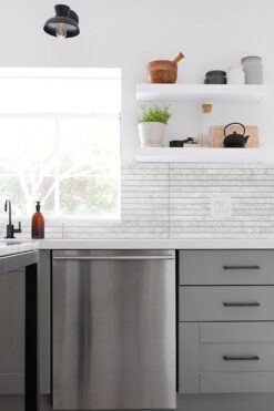 Elegant Gray And White Kitchen With Backsplash Tile
