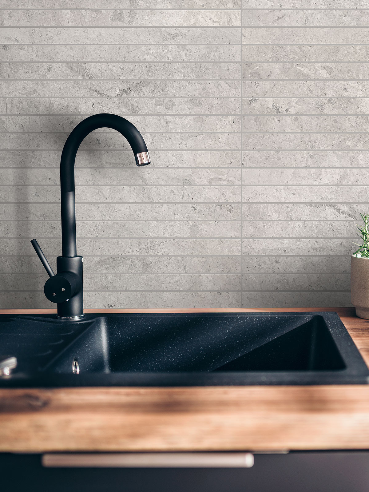 Gray modern limestone backsplash black faucet BA1038