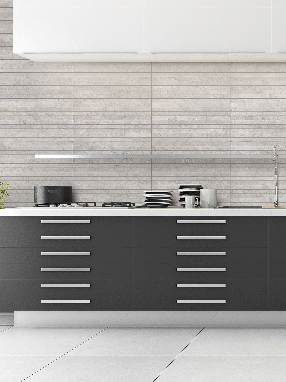 Gray white modern kitchen backsplash tile BA1038 #graybacksplash #limestonebacksplash #modernbacksplash #modernkitchen #graykitchen #graycabinetbacksplash