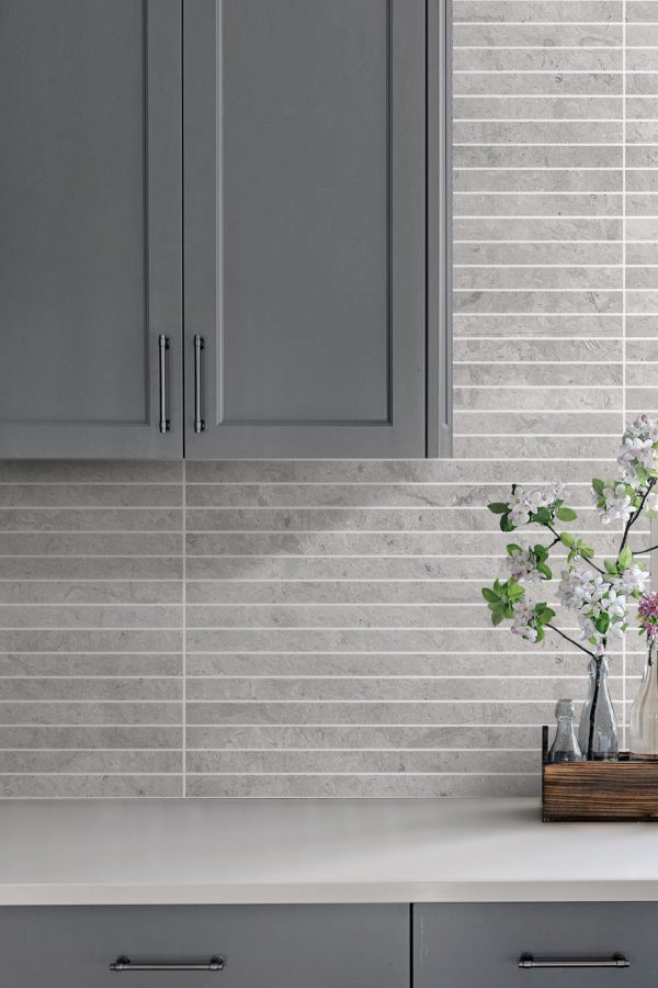 Modern Gray Kitchen Quartz Countertop With Gray Backsplash