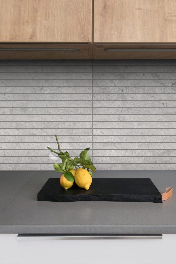 Modern Kitchen Brown Cabinet Gray Quartz Countertop Backsplash Tile