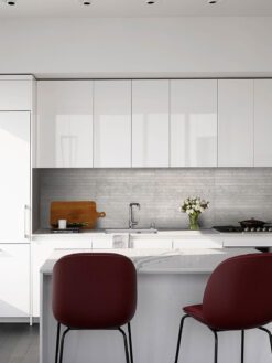 Modern white kitchen with gray backsplash tile