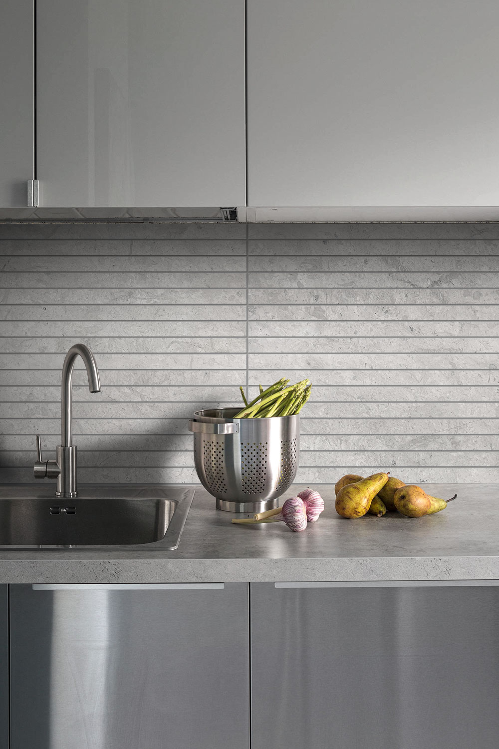 Scandinavian Kitchen Stainless Steel Cabinets Gray Backsplash Tile