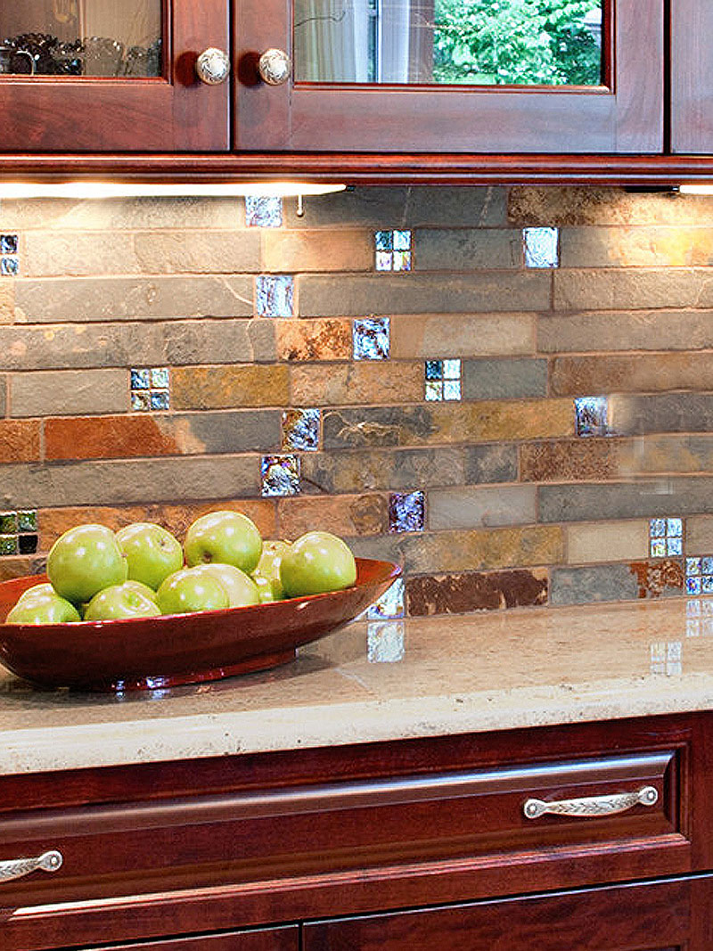 stunning ( slate & glass ) kitchen backsplash - 