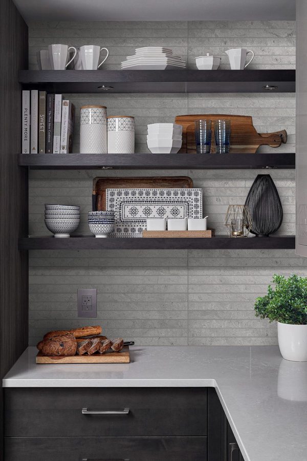 Transitional Kitchen Gray Countertop And Backsplash Design