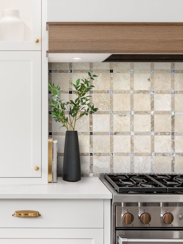 White quartz kitchen countertop white cabinets travertine mosaic tile BA1029