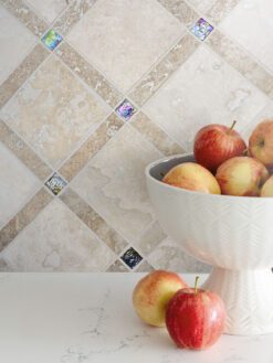 quartz white countertop with beige kitchen backsplash tile BA1029