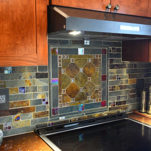 Slate and Burgundy Glass Backsplash Medallion Red Brown Quartz Countertop BA1026