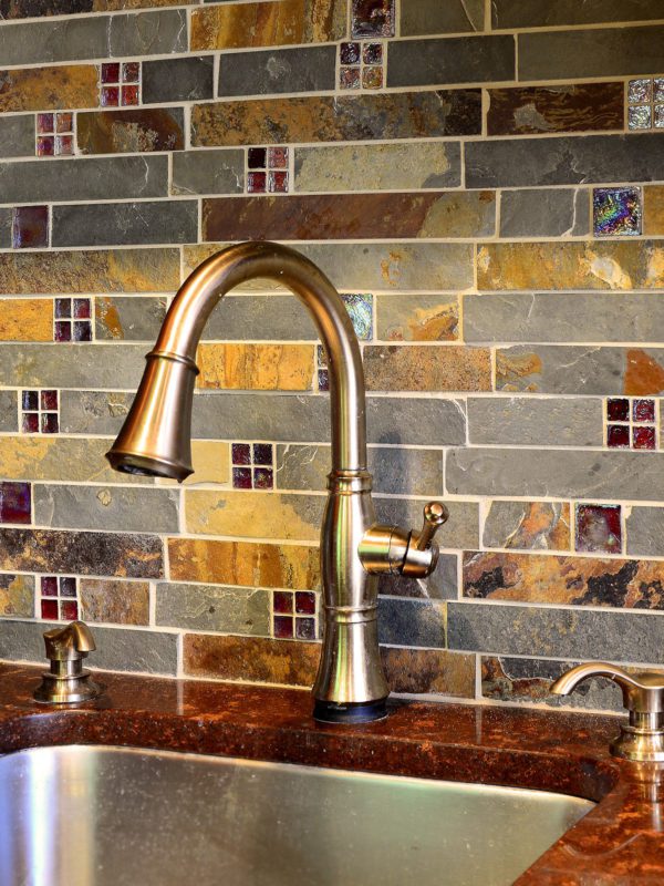 Slate and Burgundy Glass Backsplash Tile Red Brown Quartz Countertop BA1026