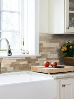 travertine backsplash tile granite countertop beige kitchen cabinet