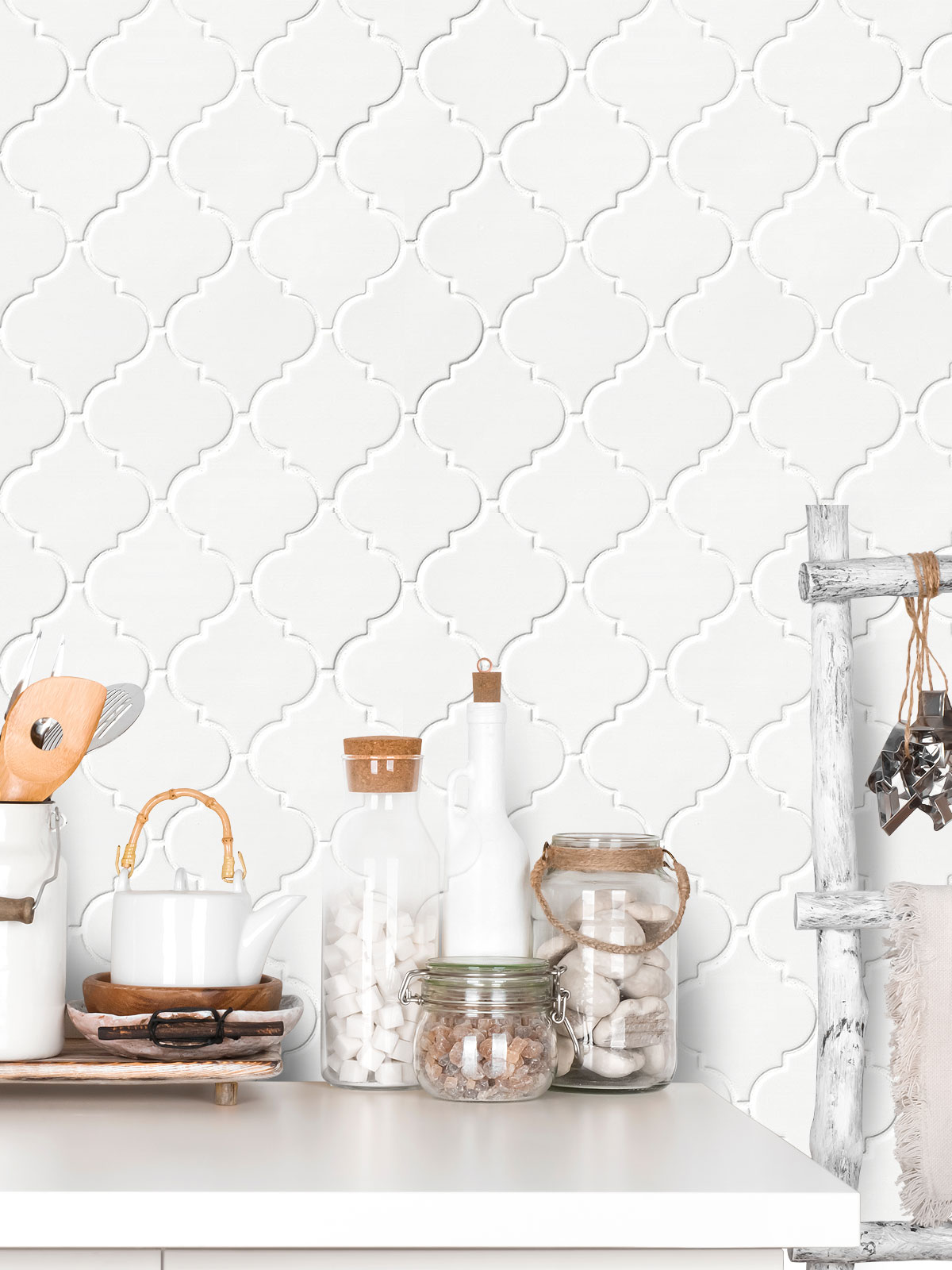 White Glazed Porcelain Arabesque, Backsplash Wall Tile