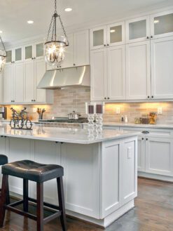 White Kitchen Countertop Cabinet With Warm Gray Marble Subway Backsplash Tile BA2007