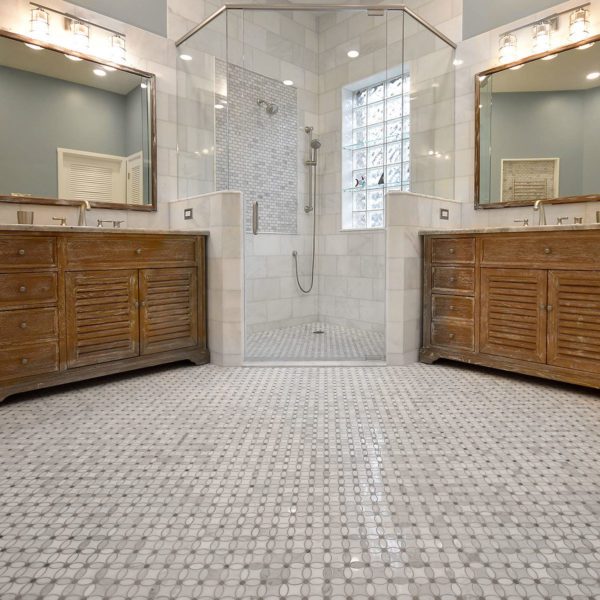 Flower marble mosaic tile white gray blue colors bathroom floor BA45056