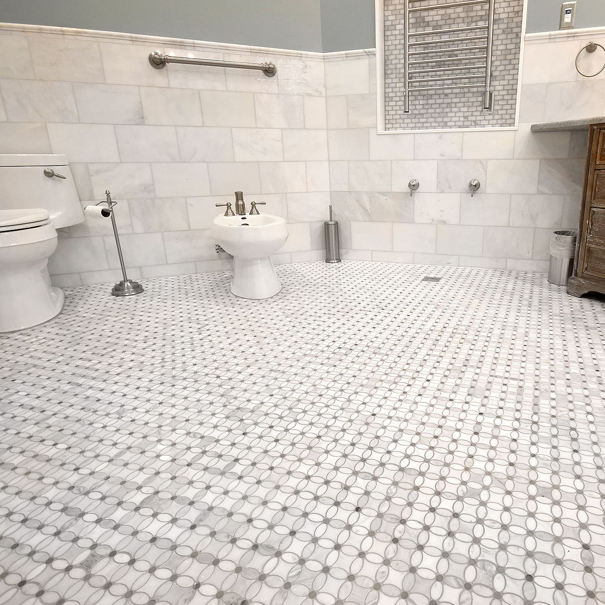 Flower marble mosaic tile white gray blue colors bathroom floor carrara wall BA45056