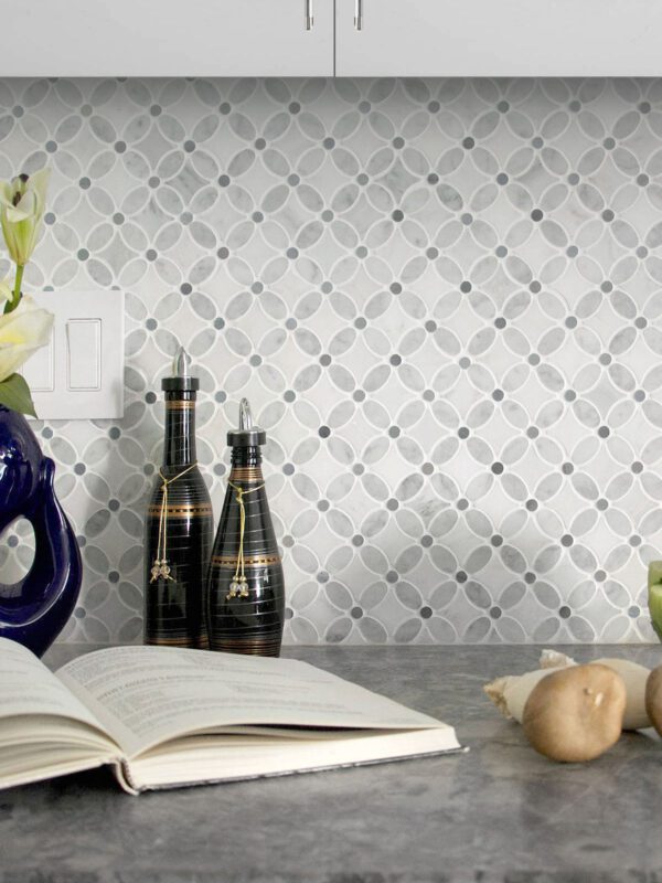 Flower pattern marble mosaic tile gray granite countertop white cabinet BA45056