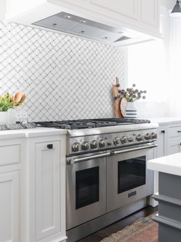 elegant white cabinets marble flower backsplash tile BA45056