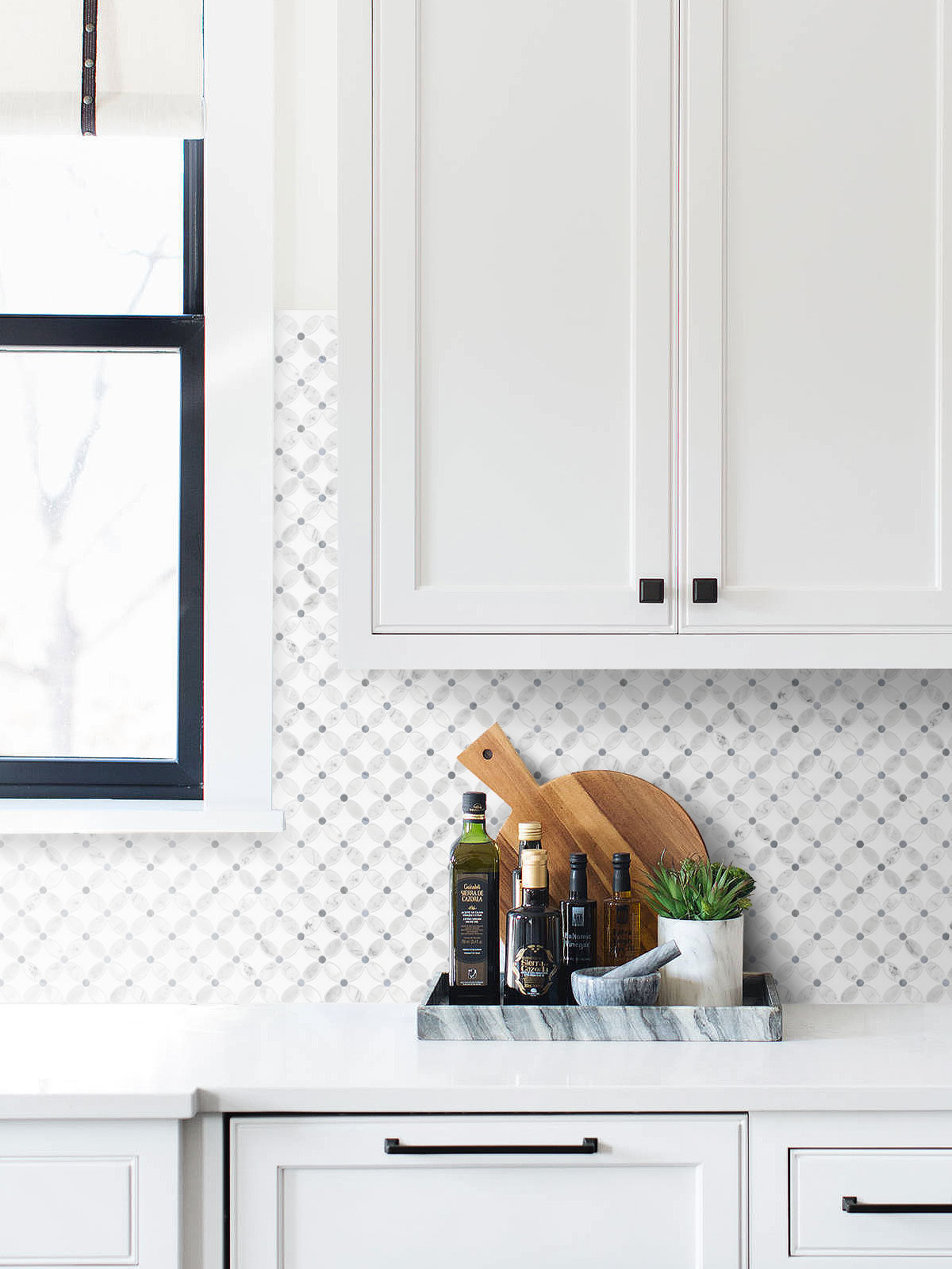 white cabinet countertop flower pattern marble backsplash tile BA45056