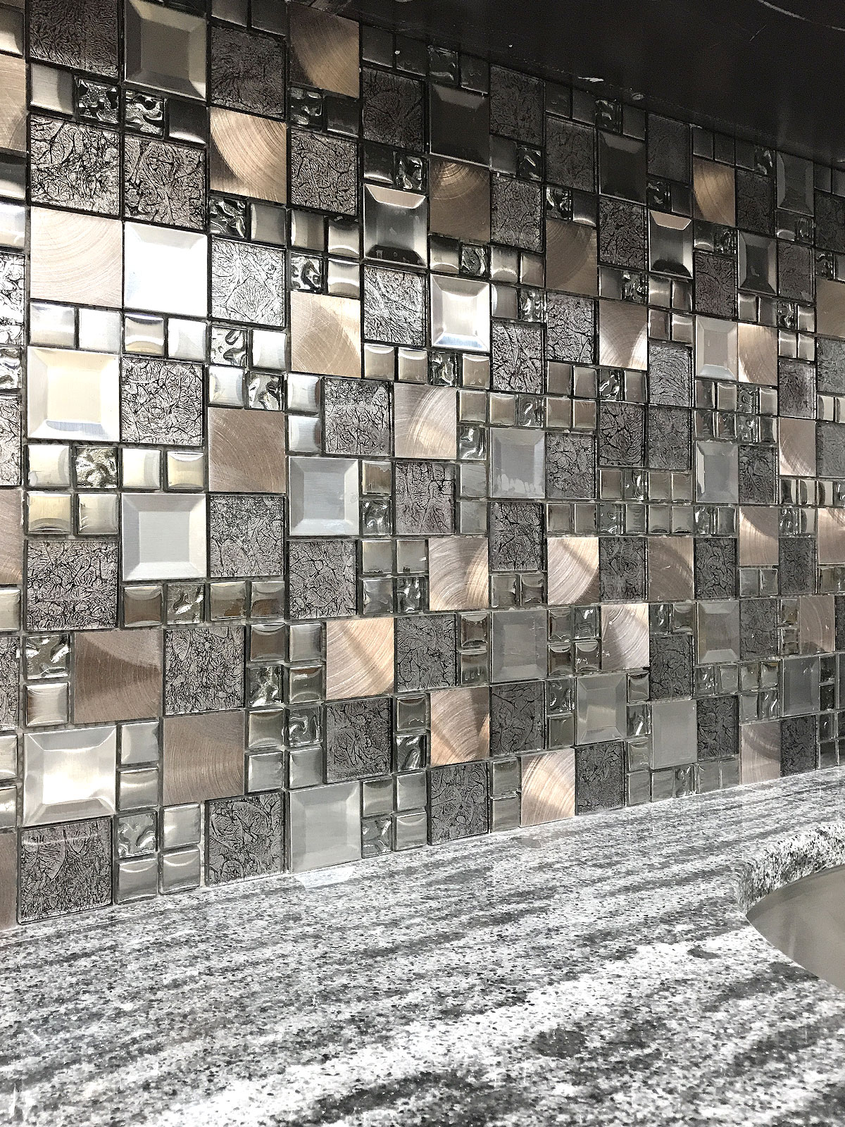 Gray granite countertop metal glass backsplash tile BA62010