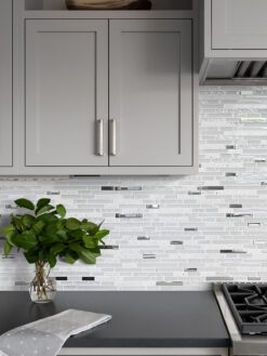 black granite countertop gray cabinets white quartz backsplash tile BA62038