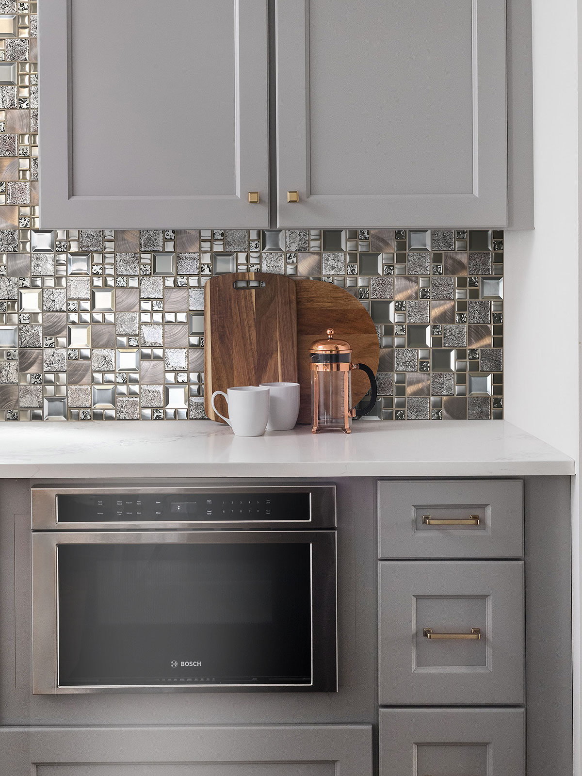 gray cabinet white countertop copper glass backsplash tile BA62010