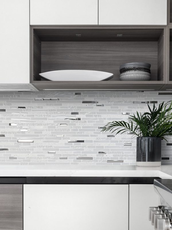 modern white kitchen cabinets with quartz backsplash tile BA62038