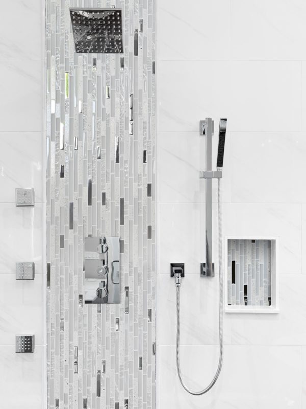 white shower with white quartz glass mosaic tile BA62038