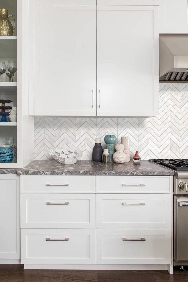Brown Countertop White Kitchen Cabinet Marble Backsplash Tile